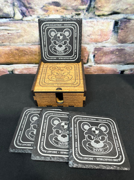 NVRLand Labs Collectibles set of 4 slate coasters in a bamboo collectors box