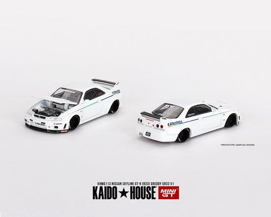 Kaido House x Mini GT Nissan GT-R (R33) Greddy GR33 V1 White KHMG113 1/64