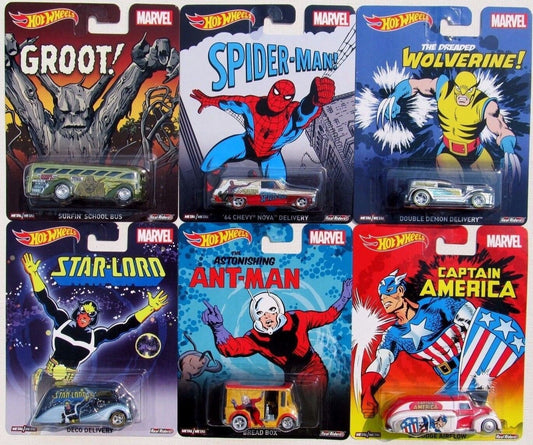 HOT WHEELS NOSTALGIA MARVEL SPIDER-MAN CAPTAIN AMERICA ANT-MAN GROOT SET OF 6